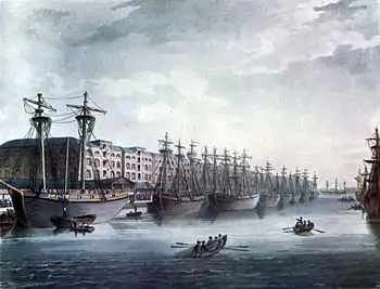 Image 10Sailing ships at West India Docks on the Isle of Dogs in 1810. The docks opened in 1802 and closed in 1980 and have since been redeveloped  as the Canary Wharf development.