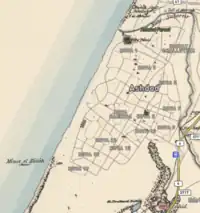 Isdud (Esdud) in 1870, at the bottom of the map, compared against the location of modern Ashdod