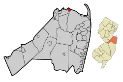 Map of Keansburg in Monmouth County. Inset: Location of Monmouth County highlighted in the State of New Jersey.