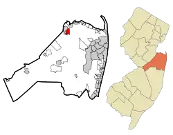 Map of Strathmore highlighted within Monmouth County. Right: Location of Monmouth County in New Jersey.
