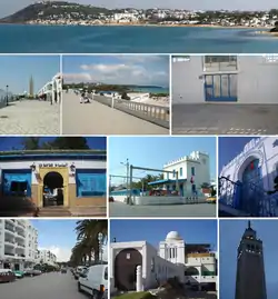 Top:Panorama view of La Marsa and Marsa Beach, Second row:El Ahmadi Mosque and Abdelhafidh El Mekki Street, La Marsa Corniche, Gustaue Flaubert Secondary School, Third row:Saf-Saf Cafe, TGM Marsa Plage right-rail station, Synagogue Keren Yechoua de La Marsa, Bottom:Corniche Avenue, Koubet El Hooua, El Ahmadi Minaret Mosque (all item were from left to right)