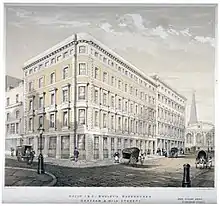 I & R Morley's warehouses, corner of Milk Street and Gresham Street, c. 1840. Lithograph by Martin & Hood after an original by William Wallen.