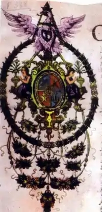 Elaborate arms of the Movilești princely family, featuring Moldavia's coat of arms and colour theme