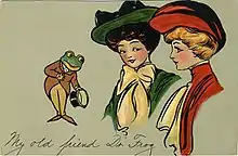 Image 30"My Old Friend Dr. Frog". Promotional postcard for "Frog In Your Throat" Company throat medicine (from Frogs in culture)