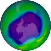 Image of the largest Antarctic ozone hole recorded to date (September 2006).