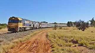 The Ghan, southbound, on the curve into Alice Springs, 2015