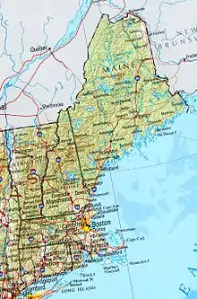 Image 9A political and geographical map of New England shows the coastal plains in the southeast, and hills, mountains and valleys in the west and the north. (from New England)