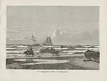 A horse drawn carriage rides to shore amid the waves and several beached ships.