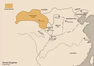 Northern Liang at its greatest extent in 423 AD, and location of Gaochang from 442