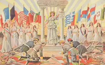 "The Allies -- France, Belgium, America, England, Portugal, Greece, Romania, Serbia, Montenegro, and Italy impose peace to the Central Powers", c.1920