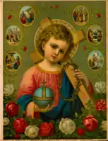 Chromolithograph of Jesus as a child, holding an orb and a crown of thorns.