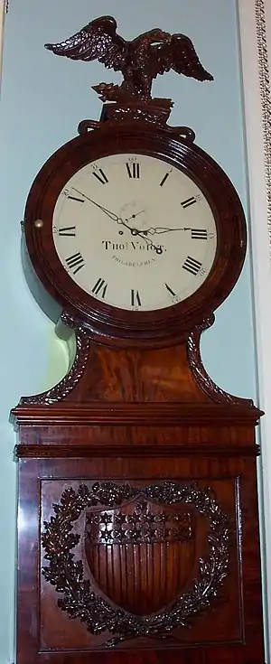 The Ohio Clock's face labeled by its creator “Thos Voigt Philadelphia” (Photographed by this article's writers in 2004 with permission of Mr. Richard Allan Baker, Historian of the U. S. Senate)