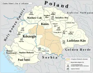 Image 5The provinces of the Kingdom of Hungary ruled by the "oligarchs" (powerful lords) in early 14th century (from History of Slovakia)