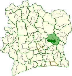 Location (dark green) in Iffou region (light green) in Ivory Coast. Ouellé Department has retained the same boundaries since its creation in 2020.
