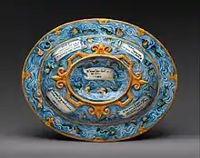 Renaissance oval basin or dish with subject from Amadis of Gaul; circa 1559–1564; maiolica; overall: 6 × 67.3 × 52.4&nbsp;cm; Metropolitan Museum of Art (New York City)