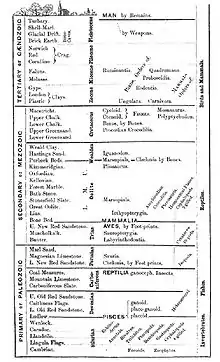 Image 14Geologic time scale from an 1861 book by Richard Owen shows the appearance of major animal types. (from History of paleontology)