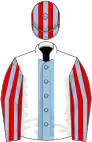 White, light blue stripe, red and light blue striped sleeves and cap