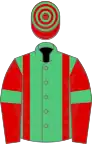 Emerald green, red braces, red sleeves, emerald green armlet, red and emerald green hooped cap