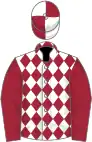 White, maroon diamonds, maroon sleeves, white cap, maroon quartered
