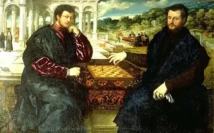 Image 33Paris Bordone, c. 1545, Chess players, oil on canvas, Mailand, Wohnhaus (from Chess in the arts)