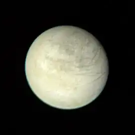 Europa as seen from Voyager 1 at a distance of 2.8&nbsp;million km