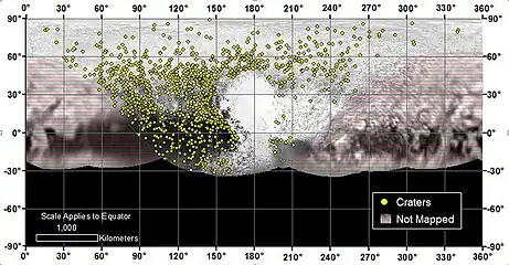 Distribution of over 1000 craters of all ages in the northern anti-Charon quadrant of Pluto. The variation in density (with none found in Sputnik Planitia) indicates a long history of varying geological activity. The lack of crater on the left and right of the map is due to low-resolution coverage of those sub-Charon regions.