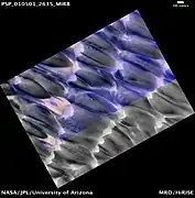 The dunes of Abalos Undae with gypsum deposits map-projected in IRB colour with scale