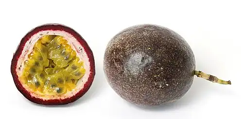 Image 15PassionfruitPhoto credit: Fir0002A ripe passionfruit and the cross-section of another. Passionfruits are the fruit of the passion flower vine species Passiflora edulis, which is native to Brazil and northeastern Argentina, but is now cultivated commercially in frost-free areas in many countries for its fruit. Passionfruit comes in two varieties: purple (seen here), which is usually smaller than a lemon, and yellow, which is about the size of a grapefruit.More selected pictures
