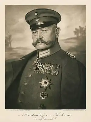 Image 22Paul von HindenburgPhotograph credit: Nicola Perscheid; restored by Adam CuerdenPaul von Hindenburg (2&nbsp;October 1847&nbsp;– 2&nbsp;August 1934), was a German general and statesman who led the Imperial German Army during World War&nbsp;I. In 1925, he returned to public life to become the second elected president of the Weimar Republic. While he was personally opposed to Adolf Hitler and his Nazi Party, he nonetheless played a major role in the political instability that resulted in their rise to power, ultimately agreeing to appoint Hitler as Chancellor of Germany in January&nbsp;1933 after the Nazis had become the largest party in the Reichstag. This 1914 photograph of Hindenburg in military uniform was taken by the German photographer Nicola Perscheid.