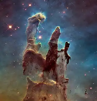 A higher-resolution HST image of the Pillars of Creation in the Eagle Nebula, taken in 2014 as a tribute to the original photograph