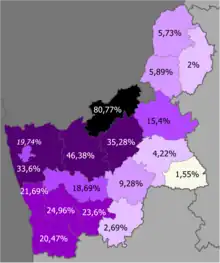Poles in the region&nbsp;&nbsp;>50%&nbsp;&nbsp;30–50%&nbsp;&nbsp;20–30%&nbsp;&nbsp;10–20%&nbsp;&nbsp;5–10%&nbsp;&nbsp;2–5%&nbsp;&nbsp;<2%