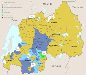 Map showing the geographical strongholds of the Rwandan political parties at the beginning of April 1994.&nbsp;&nbsp;Unknown / vacant / partyless • &nbsp;&nbsp;MRND • &nbsp;&nbsp;MDR • &nbsp;&nbsp;PSD • &nbsp;&nbsp;PL • ★&nbsp;Tutsi burgomaster • ★&nbsp; Unclear / complicated