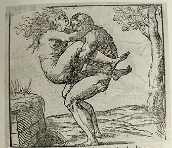 Image 15 woodcut booklet. It has been described that for this woodcut booklet there are two images "...in the abbreviated final signature...[that] seem to come from different traditions." For the image with the standing figure it has been commented that "...both image and text differ markedly in style from those that precede them" in the woodcut booklet.