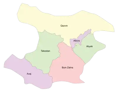 Location of Avaj County in Qazvin province (bottom, purple)