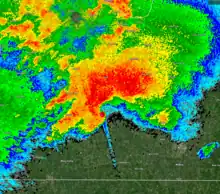 Image 11NEXRAD radar of the Quad-State Supercell from KPAH showing the tornado moments before impacting Mayfield. (from 2021 Western Kentucky tornado)