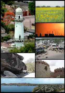 Raichur district montage  Clockwise from top left:Ek Minar Masjid in Raichur, Sunflower fields near Buddinni, Raichur Thermal Power Station, Channamma Circle Sindhanur, Mudgal fort, Mavina kere(lake) in Raichur, outer view of Rock edicts of Ashoka at Maski.