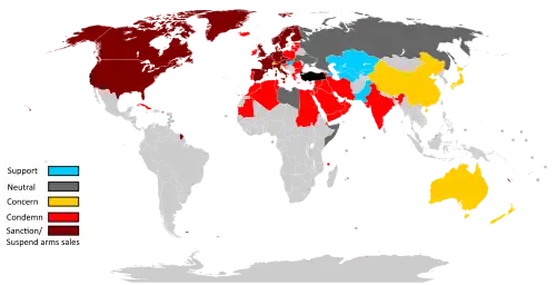 A map depicting International reactions to Turkey's 2019 operation in northern Syria.