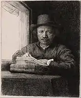 B22, Self Portrait Drawing at a Window, 1648, 5 states. He is drawing on an etching plate, making this the least posed self-portrait etching.  In state iv, a landscape is added outside. The last etching but for two sketches, and one of the "official" etched self-portraits.
