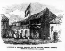 President Walker's house in Granada, Nicaragua. On October 12, 1856, during the siege of Granada, Guatemalan officer José Víctor Zavala ran under heavy fire to capture the Walker flag and bring it back to the Central American coalition army trenches shouting "Filibuster bullets don't kill!" Zavala survived this adventure unscathed.