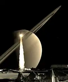 Image 34Artistic image of a rocket lifting from a Saturn moon (from Space exploration)