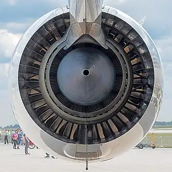 Turbofan (Trent) showing core nozzle and turbine blades, and bypass nozzle and fan bypass stators. The two nozzle wakes are made up of the waste which goes with thrust production. Both have residual velocity loss from their kinetic energy which is accounted for by pr eff. The core has heat rejected from the thermodynamic cycle and component losses. Also from the core part of the propulsion system, ie the nozzle and the LPT losses associated with the fan bypass flow. The fan nozzle passes the heat losses from the bypass propulsion system, ie the fan outer entropy generation, entropy production from the bypass duct pressure loss and the nozzle.
