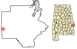 Location of Hurtsboro in Russell County, Alabama.
