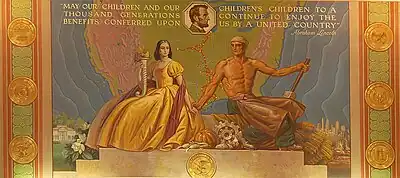 Image 14A mural by Chicago artist Louis Grell in the Springfield Amtrak station. The mural depicts a quote by Abraham Lincoln, a map of the post-1947 Gulf, Mobile and Ohio Railroad, and the seals of the seven states that the railroad served. Image credit: Louis Grell (painter), RI-Bill (photographer) (from Portal:Illinois/Selected picture)