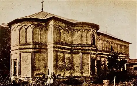 Saint John the Great Monastery, where is now the CEC Palace, Bucharest, built initially before 1591, highly modified in 1703 during the reign of Constantin Brâncoveanu, demolished in 1875. Ornaments from the construction of 1703 are preserved in the lapidary of the Stavropoleos Monastery