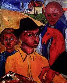 Sam has pictured himself holding his palette, surrounded by Judith his wife, Simcha his father and an antique Chinese porcelain horse.