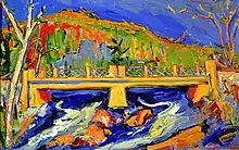 Mont Rolland By Sam Borenstein, a village with bridge and waterfall, autumn in the Laurentians,1950s
