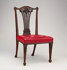 Neoclassical chair; circa 1772; mahogany, covered in modern red Morocco leather; height: 97.2&nbsp;cm; Metropolitan Museum of Art (New York City)