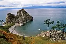 Image 33The Shamanka Шаманка&nbsp;[ru], a holy rock in Shamanism and one of the 9 most holy places in Asia, on the westcoast of Olkhon (from List of islands of Russia)