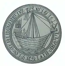 1350 seal of Elbląg (Elbing), depicting the ship flying city banner