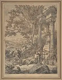 A man approaches a partially nude woman lying on ground who has been struck by an arrow